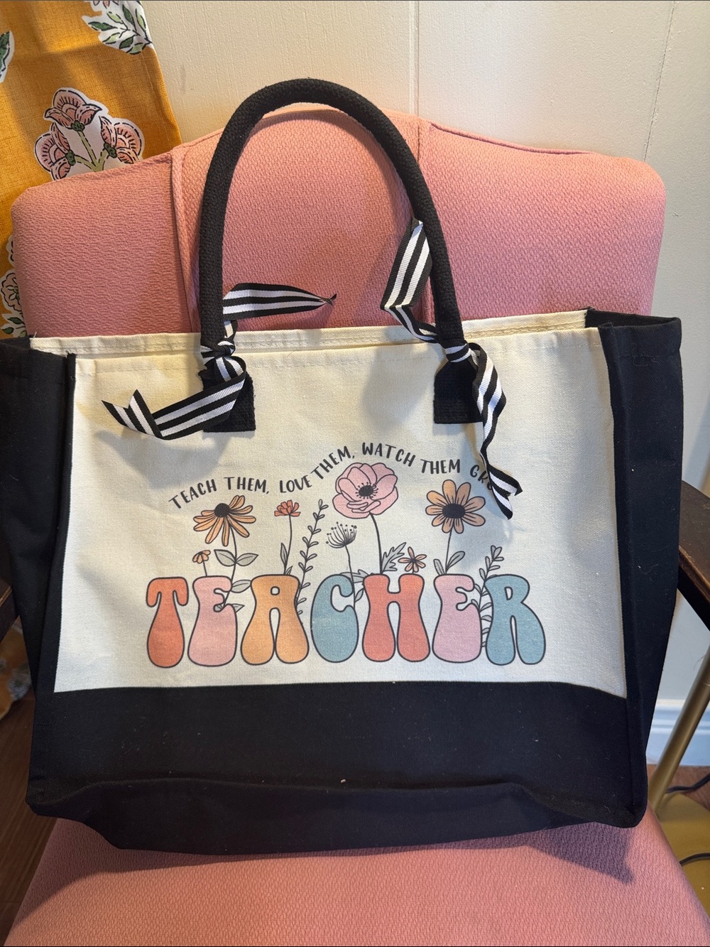 Teacher Canvas Tote Bag in Cream and Black